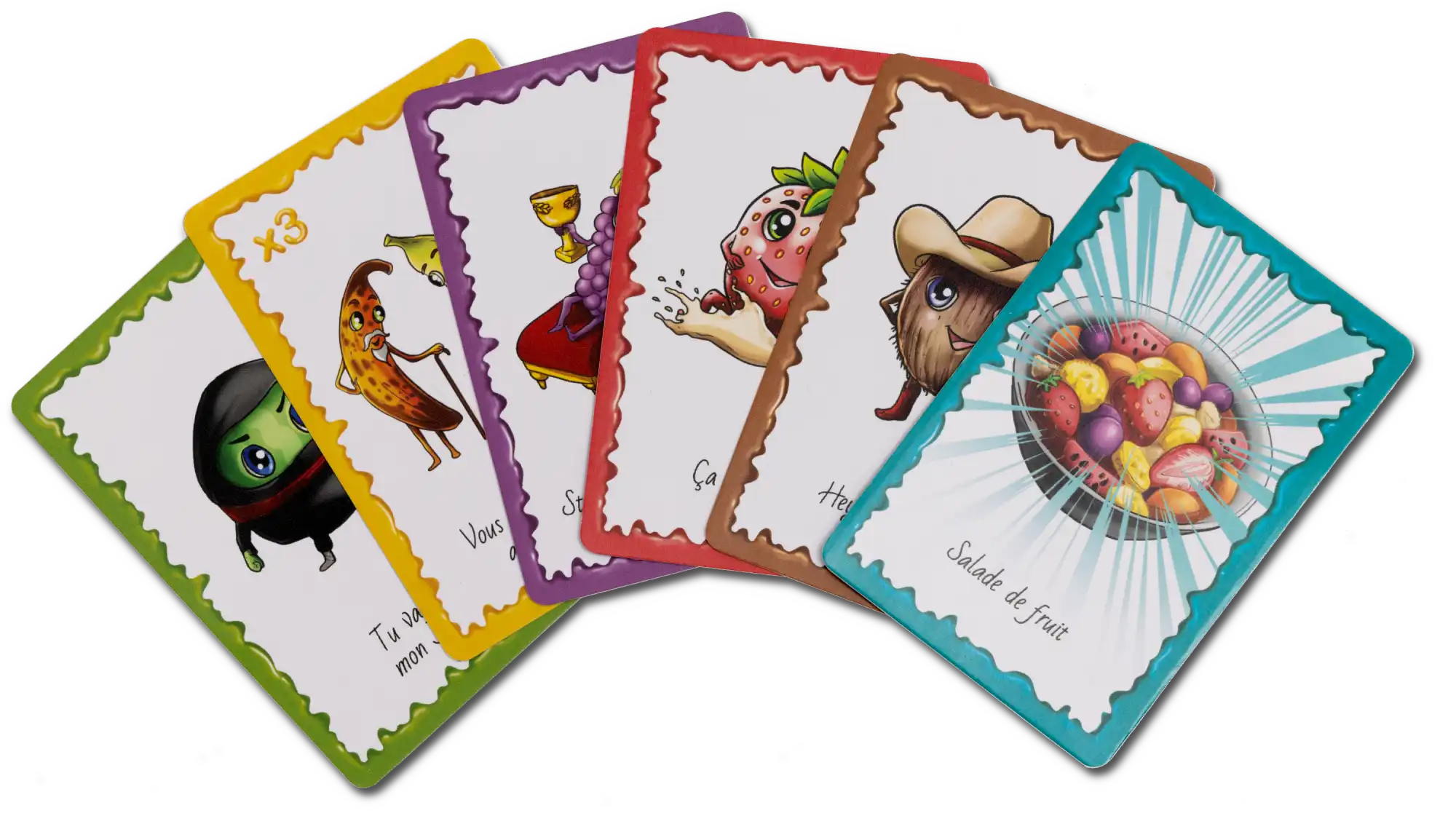 Exemple de cartes fruit dans la main d'un joueur lors d'une partie amusante de Qui dit vrai? Le jeu de société pour enfants et adultes