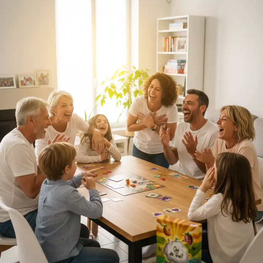 Une famille multigénérationnelle partage un éclat de rire en jouant ensemble à Qui dit vrai? dans leur salon ensoleillé