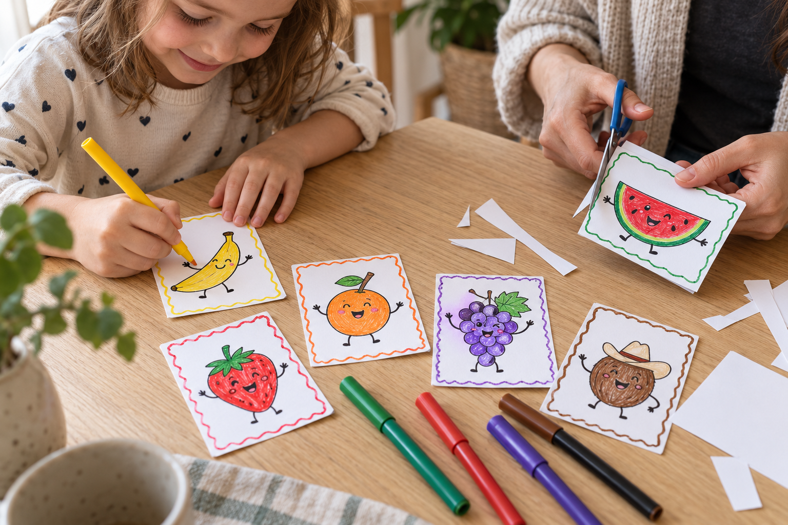 Illustration de cartes de fruits fabriquées à la main, avec des feuilles, des ciseaux et des feutres