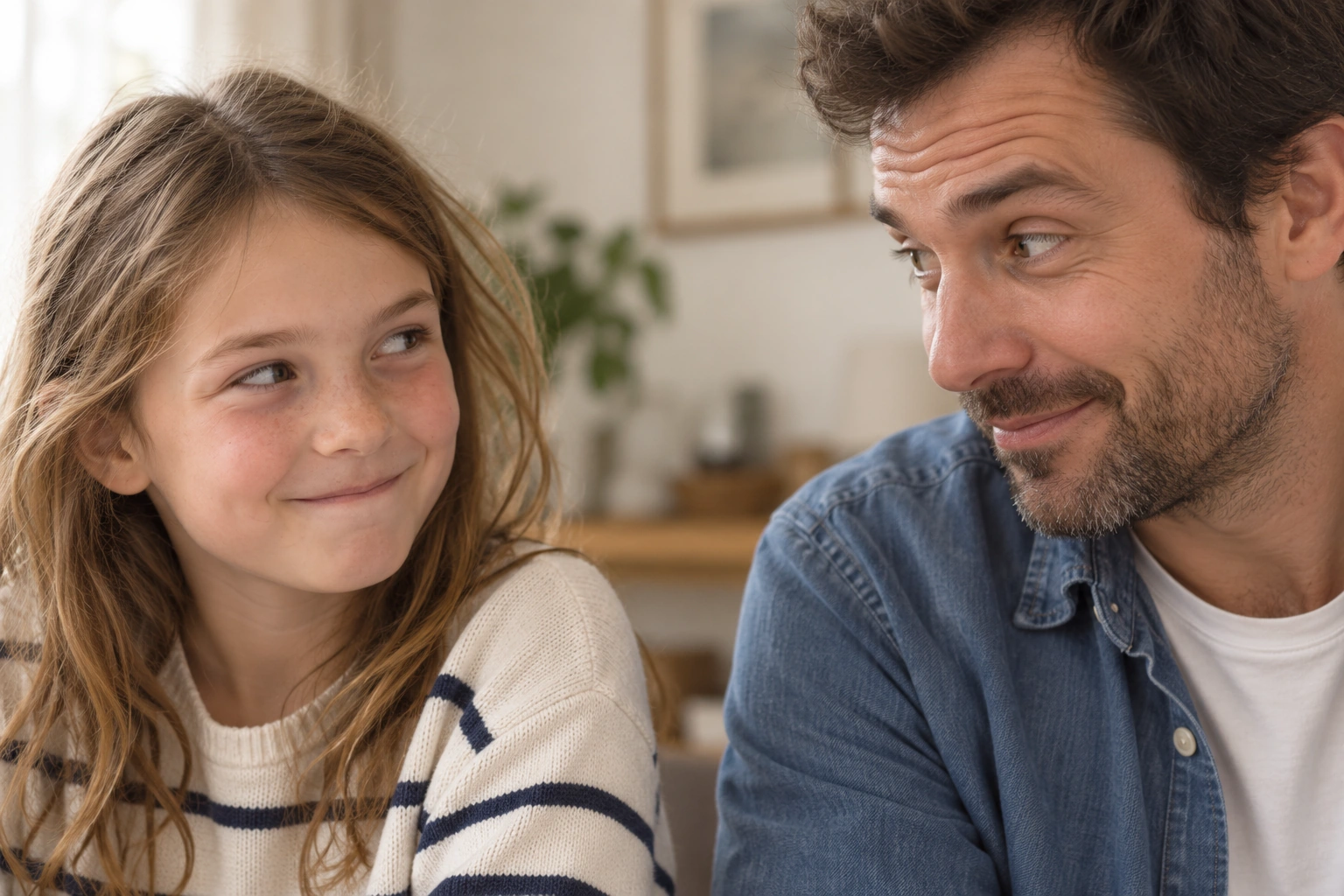 Une enfant retient son sourire tandis que son père essaie de deviner si elle bluffe
