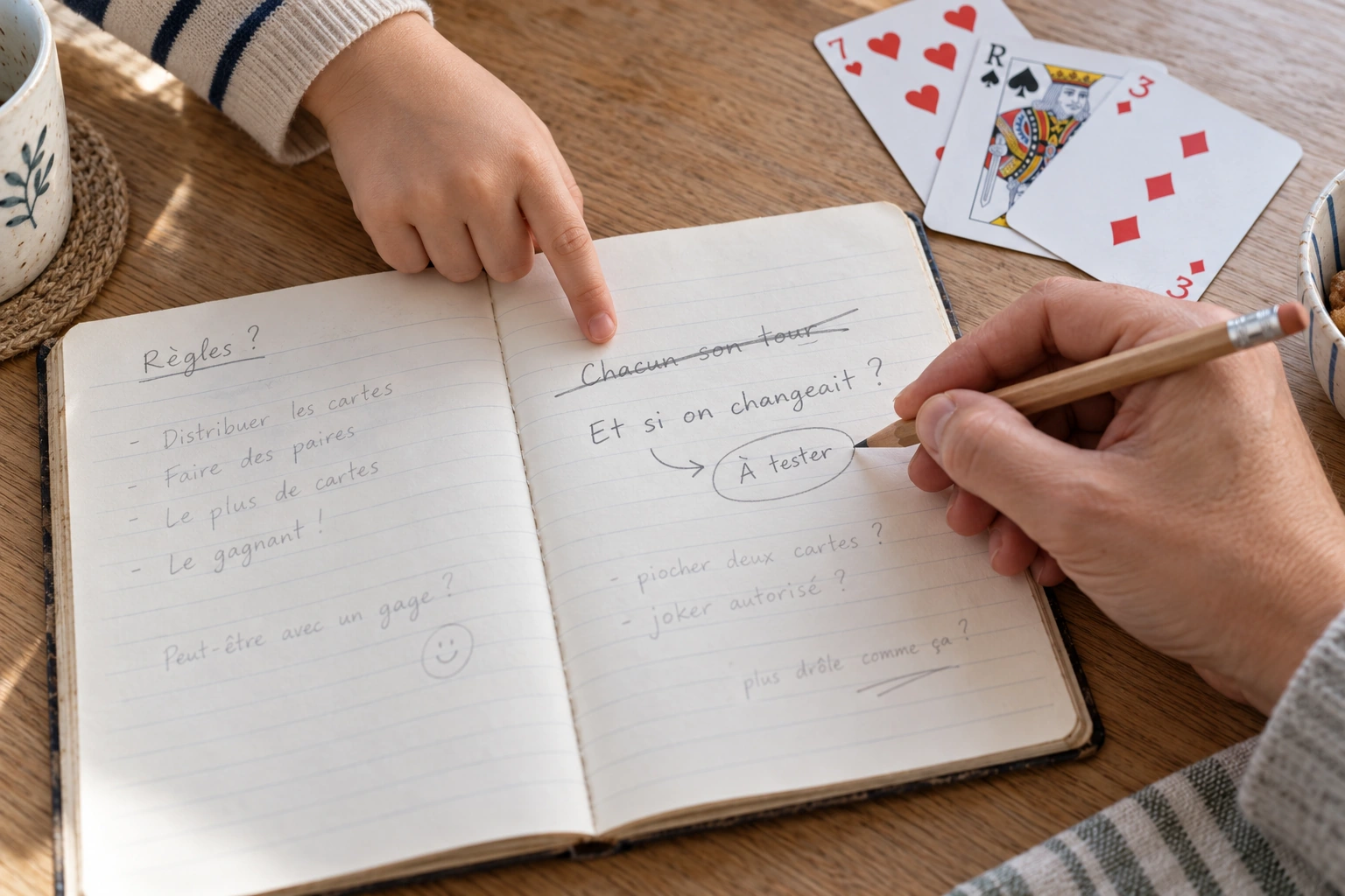 Un enfant et un adulte modifient des règles au crayon dans un carnet, à côté de cartes classiques